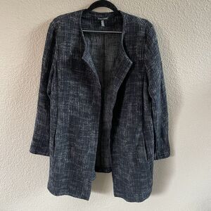 EILEEN FISHER Coat Womens XL  Black Open Lagenlook Crosshatch Tencel Cotton